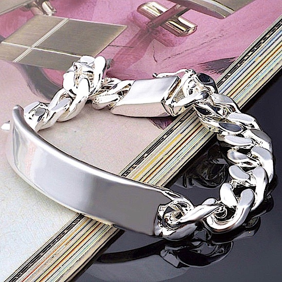 Nameplate ID Tag Sterling Silver Chain Link Curb Cuban Bracelet - Picture 1 of 12